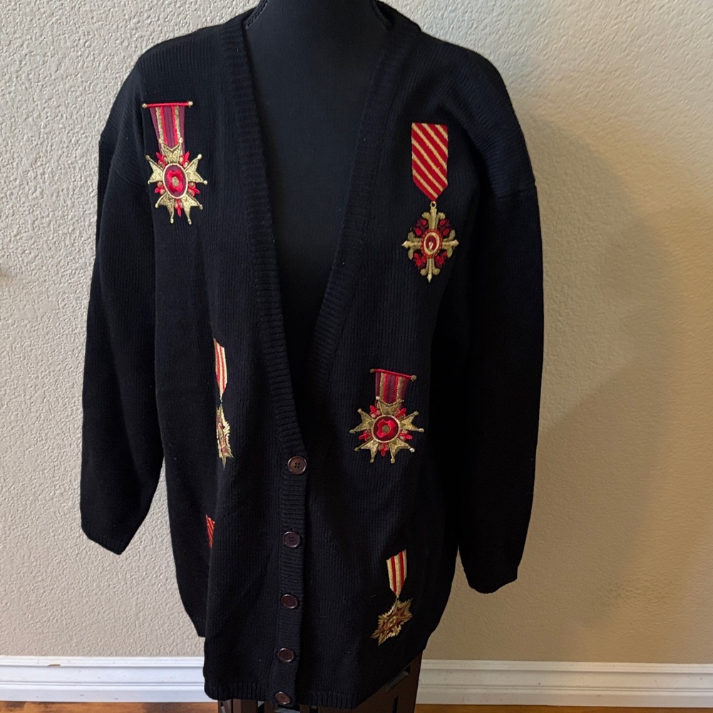 Worthington Black Cardigan with Medal Embroidery